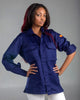 Ladies navy blue military style shirt with epaulettes and Spanish flag insignia.