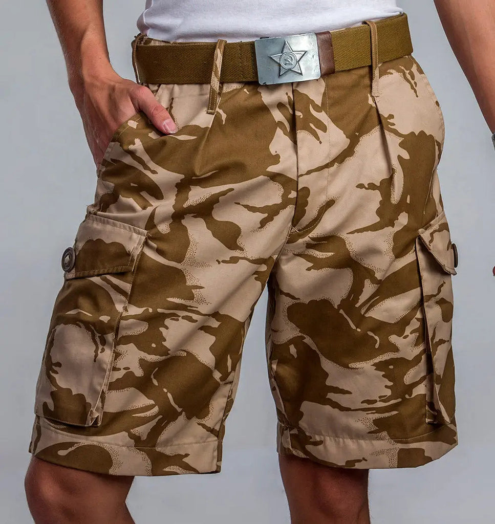 Desert camo cargo shorts with spacious pockets, lightweight cotton blend, UK origin.