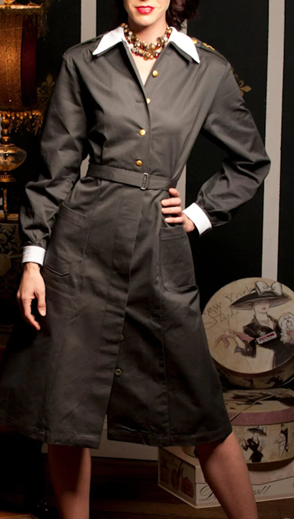 ladies military style dress Military Style Rockabilly Dress With Hat: Vintage Pin-up Khaki