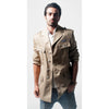 Khaki military style summer blazer with silver buttons and multiple pockets.