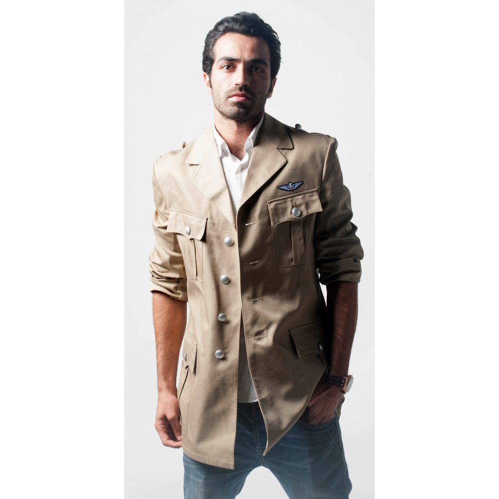 Khaki military style summer blazer with silver buttons and multiple pockets.