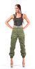 Ladies high waist olive green military style cargos with utility pockets and adjustable cinches.