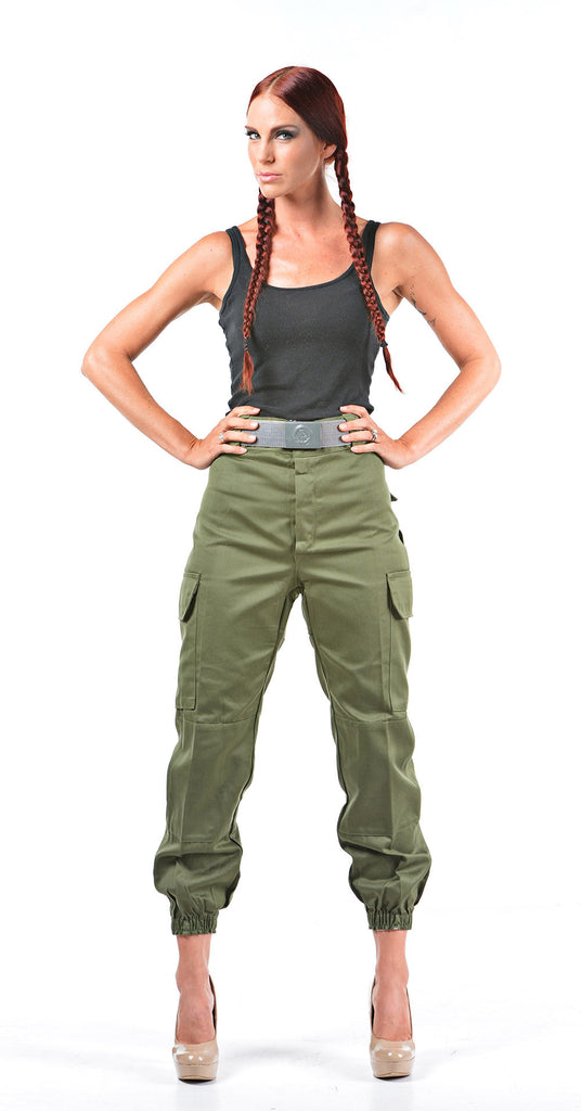 Ladies high waist olive green military style cargos with utility pockets and adjustable cinches.