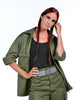 Ladies olive green military style shirt with relaxed fit and front pockets.