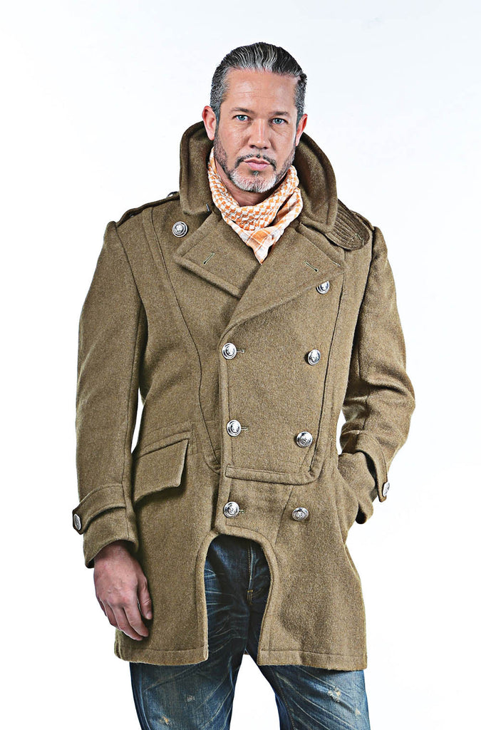 Redesigned Hellenic Army Brown Greatcoat with military-inspired design, olive undertone, fitted silhouette, and adjustable belt.