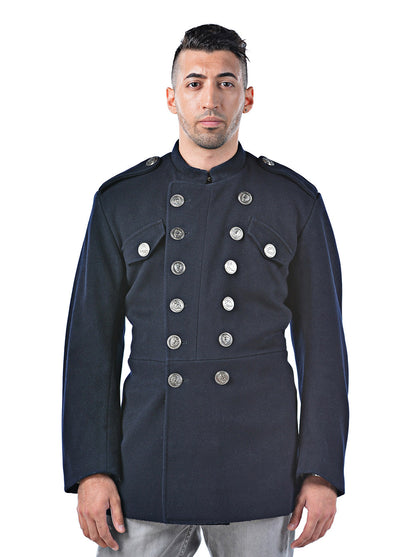 Redesigned Navy Blue Band Collar Wool Jacket - Top Rank Vintage