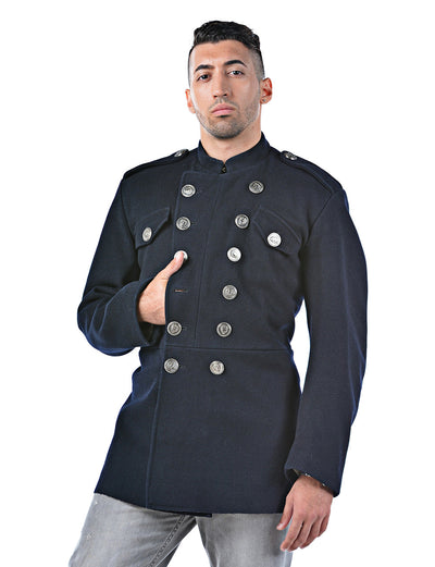 Redesigned Navy Blue Band Collar Wool Jacket - Top Rank Vintage
