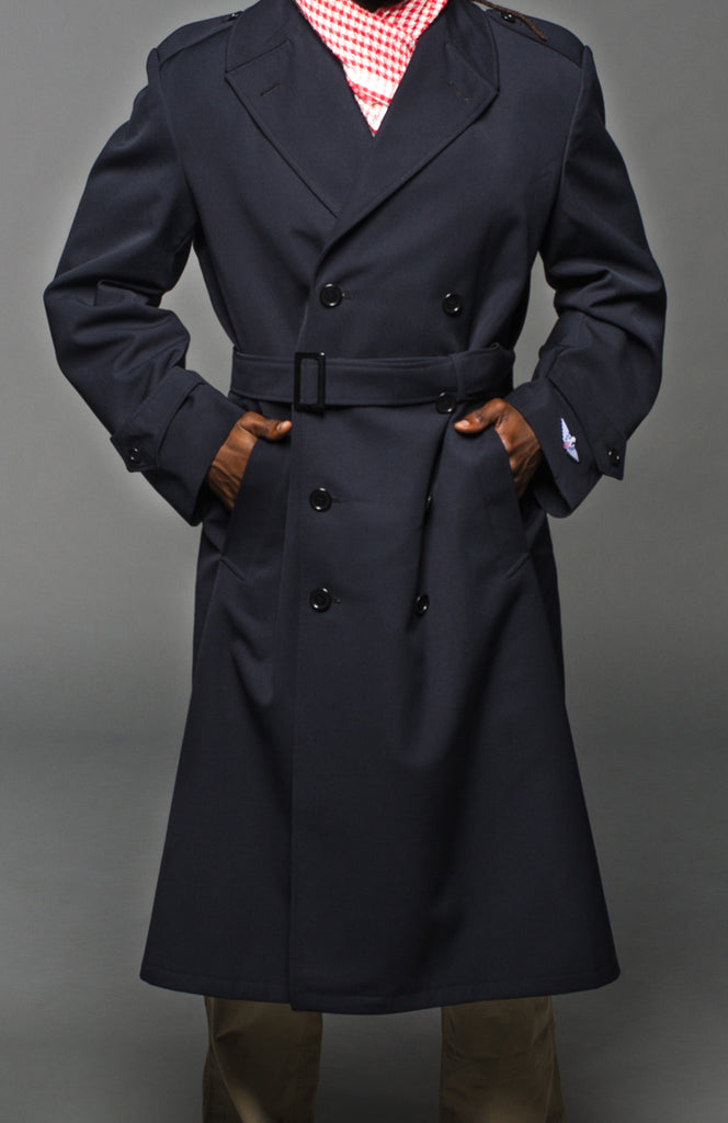 Military Style Navy Blue Gabardine Trench Coat w Belt