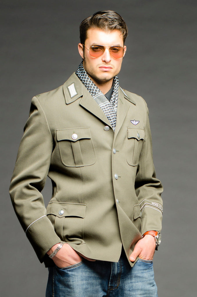 Senior Officer Military Style Gray Tunic with collar band and silver buttons.