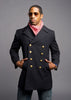 Black Gabardine Navy Peacoat with brass buttons and vertical pockets.
