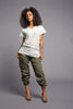 Army cargo pants in olive green with elasticized ankle bands, crafted from 100% sateen cotton.