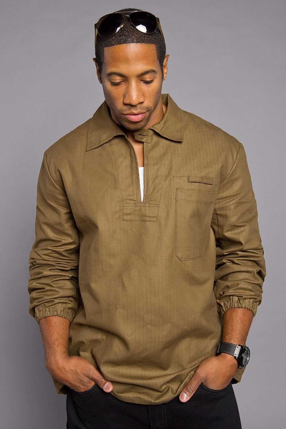 Czechoslovakian Miitary Chino HBT  Herringbone Weave Fisherman's Smock Style Collar Shirt
