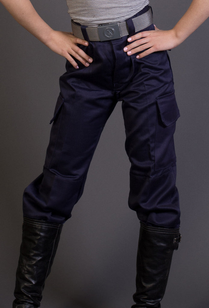 Ladies High Waist Blue Military Style Cargos with ankle and waist cinches, vintage 1980s design.