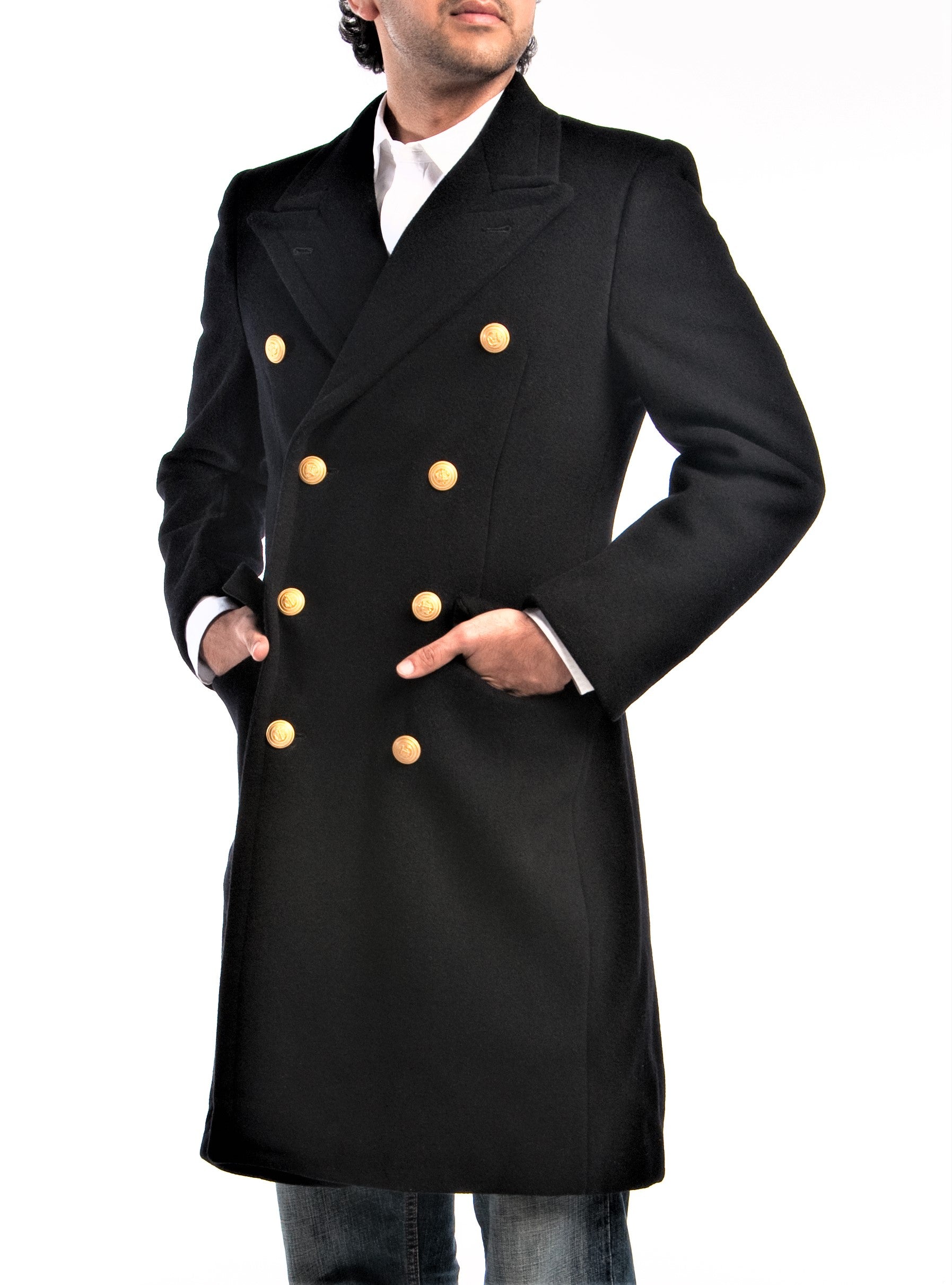 Men's double-breasted coat in dark blue wool with gold-colored buttons