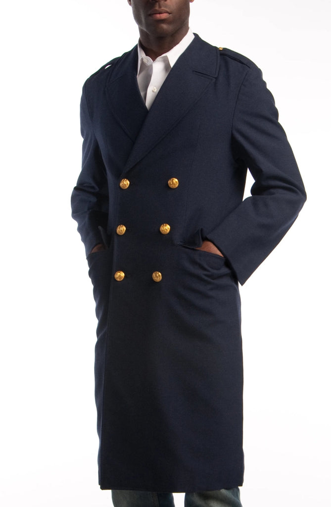Blue Gabardine Airforce Overcoat with brass buttons, double-breasted design, and single vent.