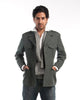 Single breasted wool jacket with epaulettes and flap pockets, 1980s style, gray-blue color.