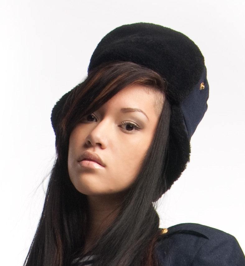 DDR East German Uni-Sex Navy Black Bomber Style Ushanka Winter Hat