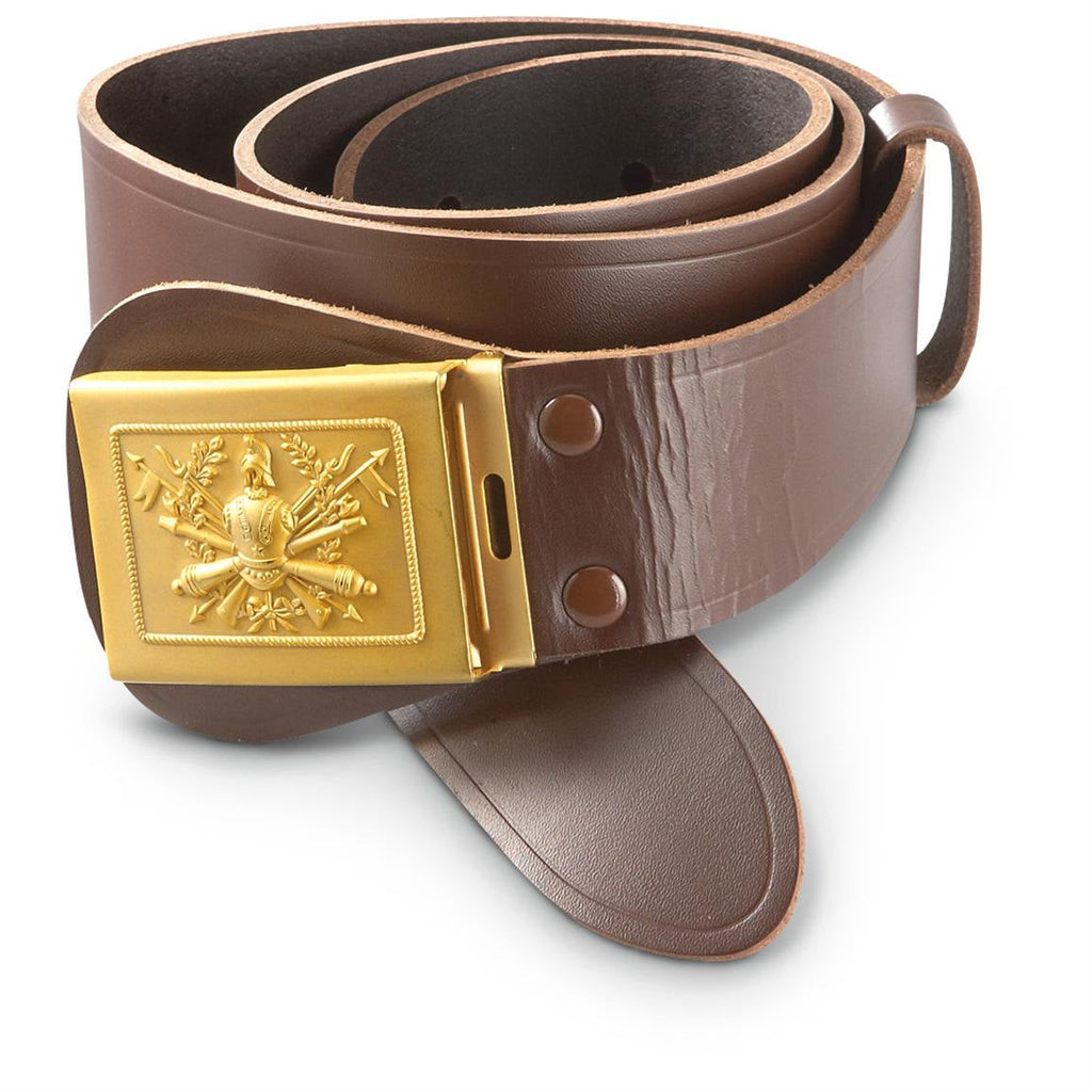 Officer Brown Leather Belt with gold brass buckle, Italian army style, 1970s era, adjustable brown leather, knight emblem on buckle.