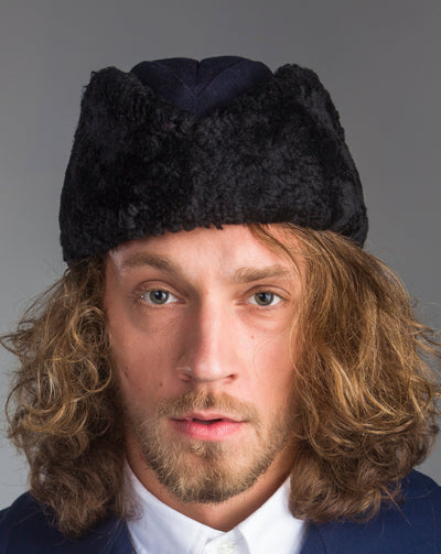Scandinavian Navy Blue Sheepskin Winter Wool Trapper Ushanka Hat Sweden