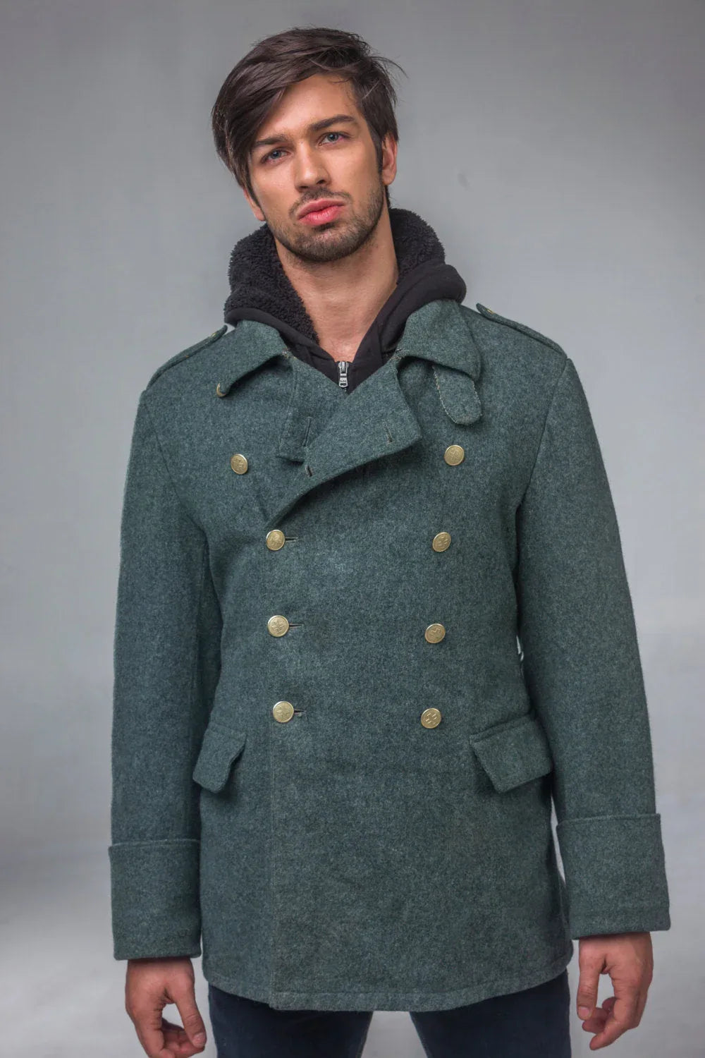 Post WWII Alpine Swiss Army Wool Grey Blue Overcoat
